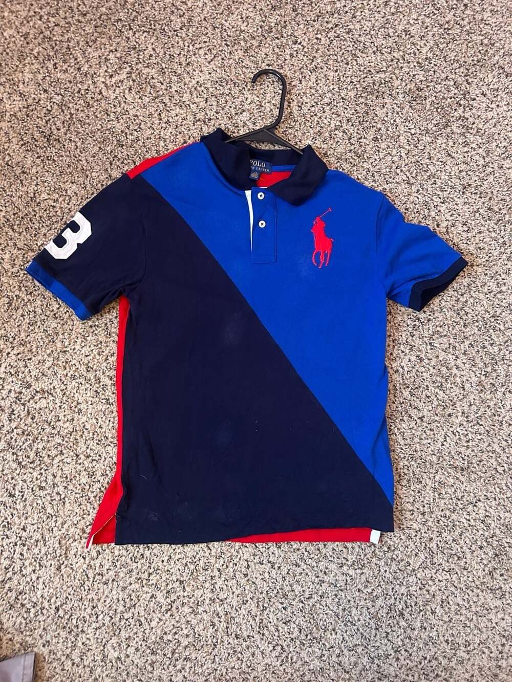 Polo Ralph Lauren Colorblocked Big Pony #3 Cotton Pique Polo Shirt Size L 14-16